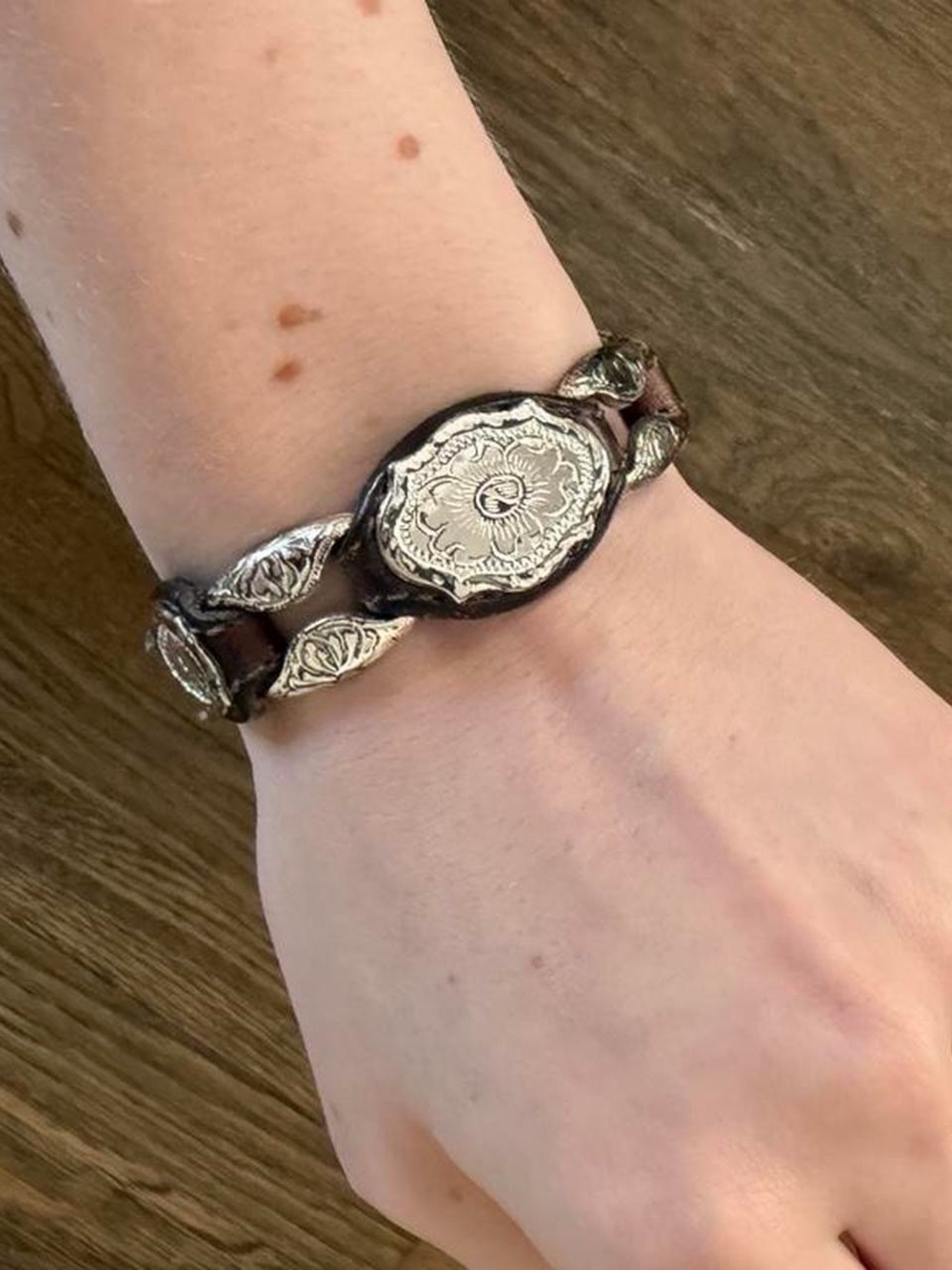 Vintage Brown Leather Bracelet with Silver Details